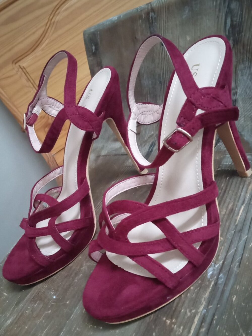 Allegra K Women's 7 Strappy Platform Slingback Stiletto Heels Sandals Burgundy